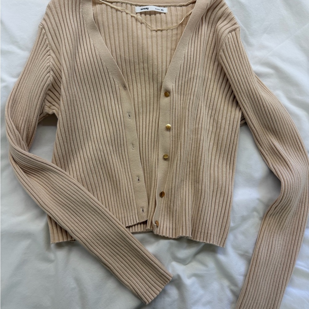 Cider Beige Ribbed Cardigan with Gold Buttons - Picture 2 of 4
